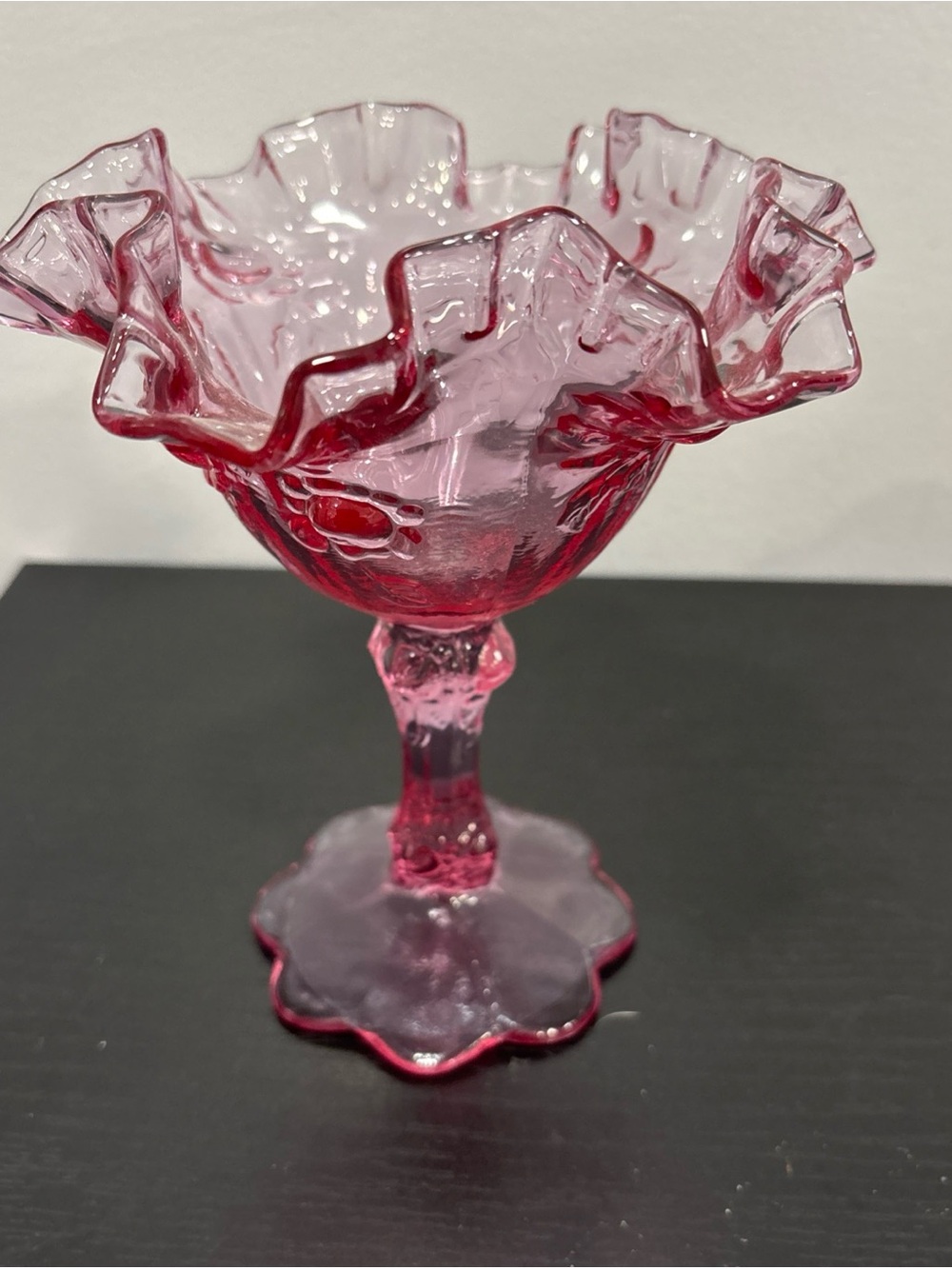 Ruffled Cranberry Pink Glass Compote vintage fenton cabbage flower design candy